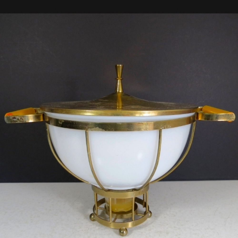 Rare Fire King Serving Bowl with Brass Lid & Tureen Style Warming Stand